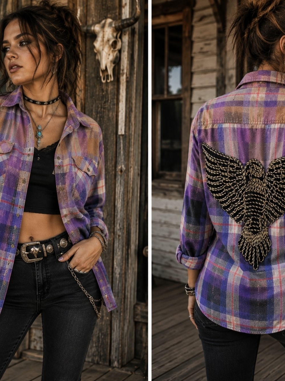 Purple Plaid Button-Up Shirt with Embroidered Eagle - Women Western Rocker